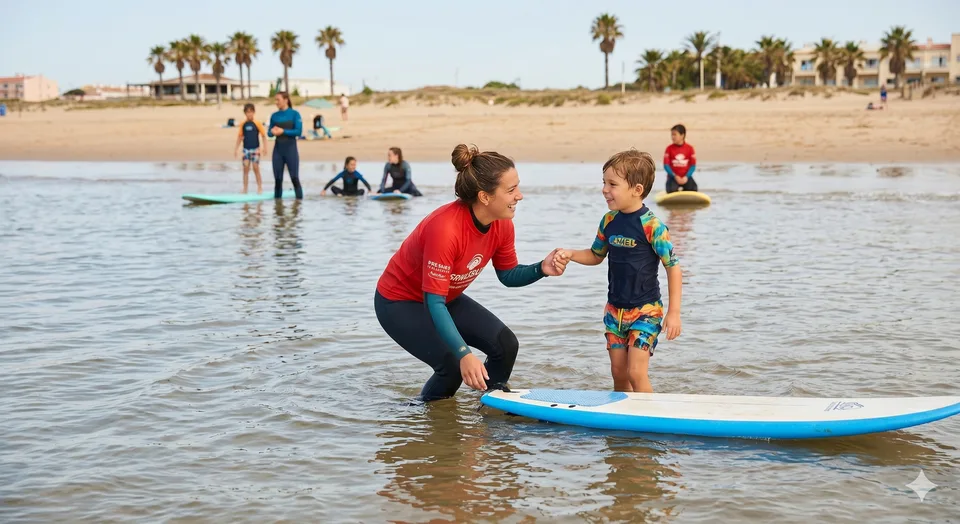 Instructor con niños en la orilla